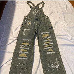 Current Mood Dolls Kill ‘BREAK IT DOWN’ Distressed Denim Overalls Grey L NWT